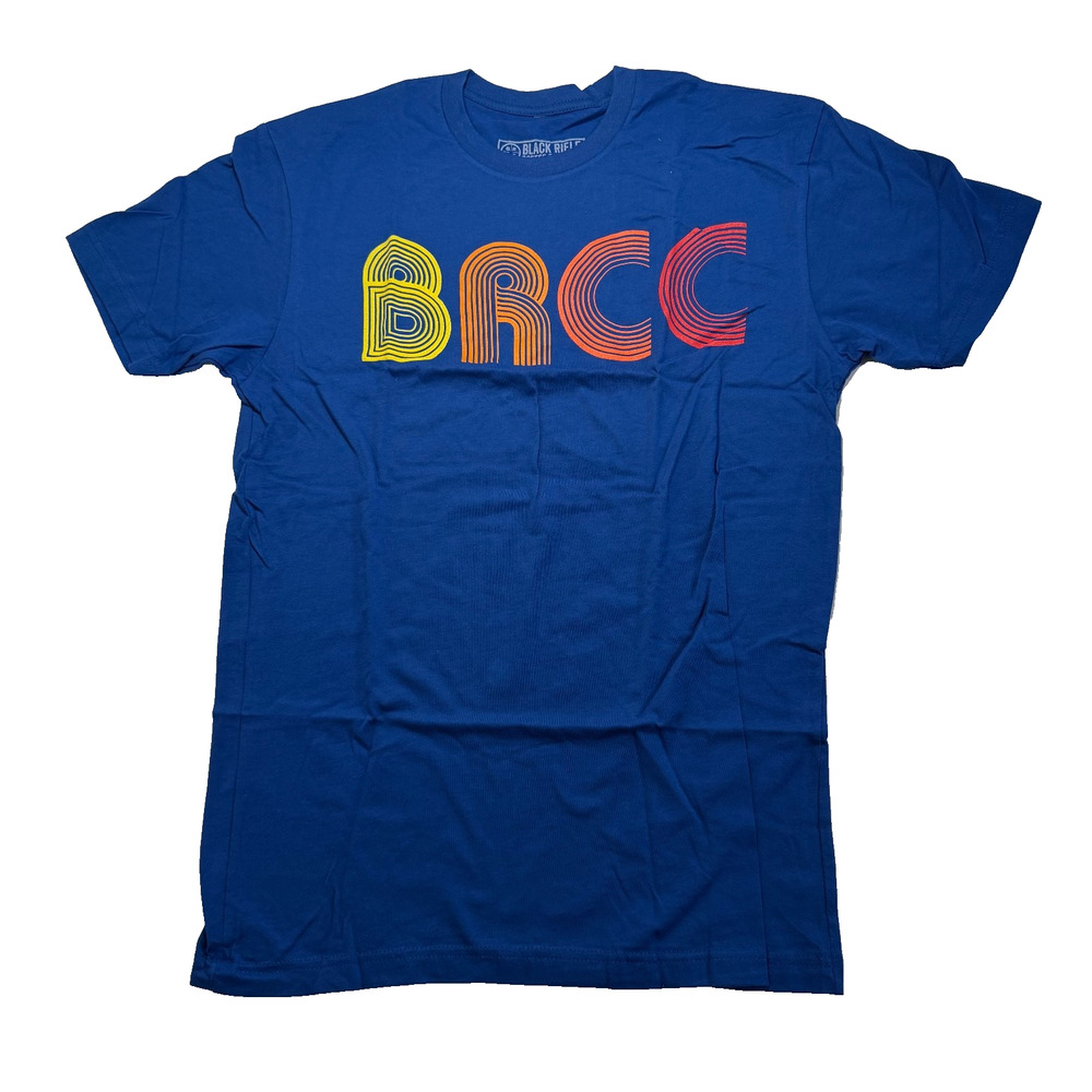 Black Rifle Coffee Co Men’s Small Blue BRCC Retro Neon Logo Graphic Tee NWOT